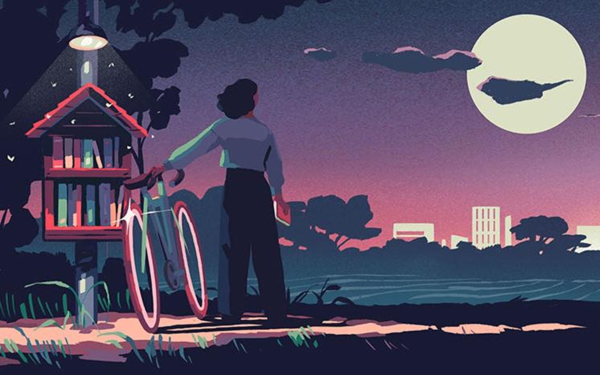 Illustration nocturne montrant une personne à vélo s'arrêtant devant une boîte à livres éclairée par un lampadaire. Sous une pleine lune, on aperçoit au loin les lumières d'une ville. À gauche, le texte annonce la 10e édition des "Nuits de la Lecture" du 21 au 25 janvier 2026.
